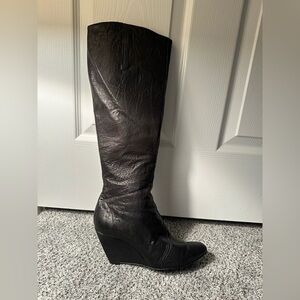 SIGERSON MORRISON Size 8.5 Black Crinkly Leather Wedge Knee Boots